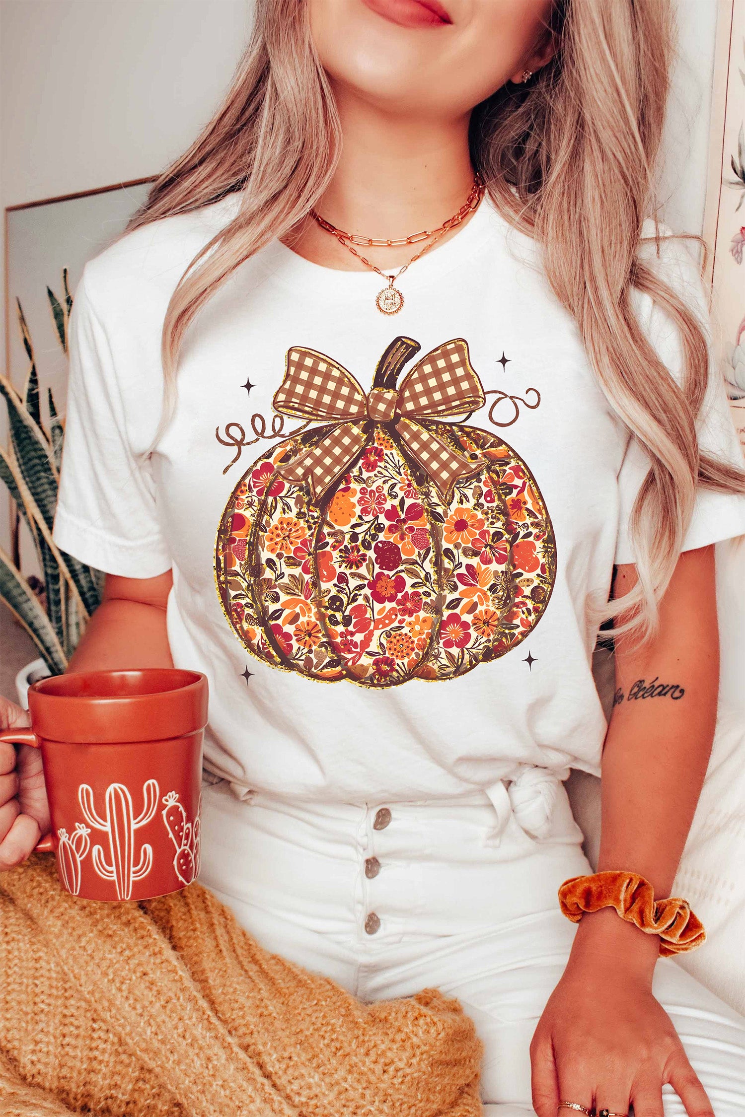 White Floral Pumpkin Print Round Neck Short Sleeve T-Shirt - Aaria Tees Aaria Tees