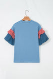 Beau Blue USA Chenille Lettering Stars and Stripes Patchwork Sleeve Top Aaria Tees