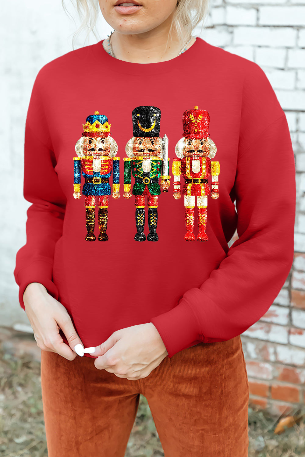 Red Christmas Metallic Nutcracker Graphic Crew Neck Sweatshirt - Aaria Tees Aaria Tees