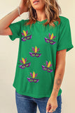 Bright Green Sequin Mardi Gras Mask Patched Pattern Crewneck Tee Aaria Tees