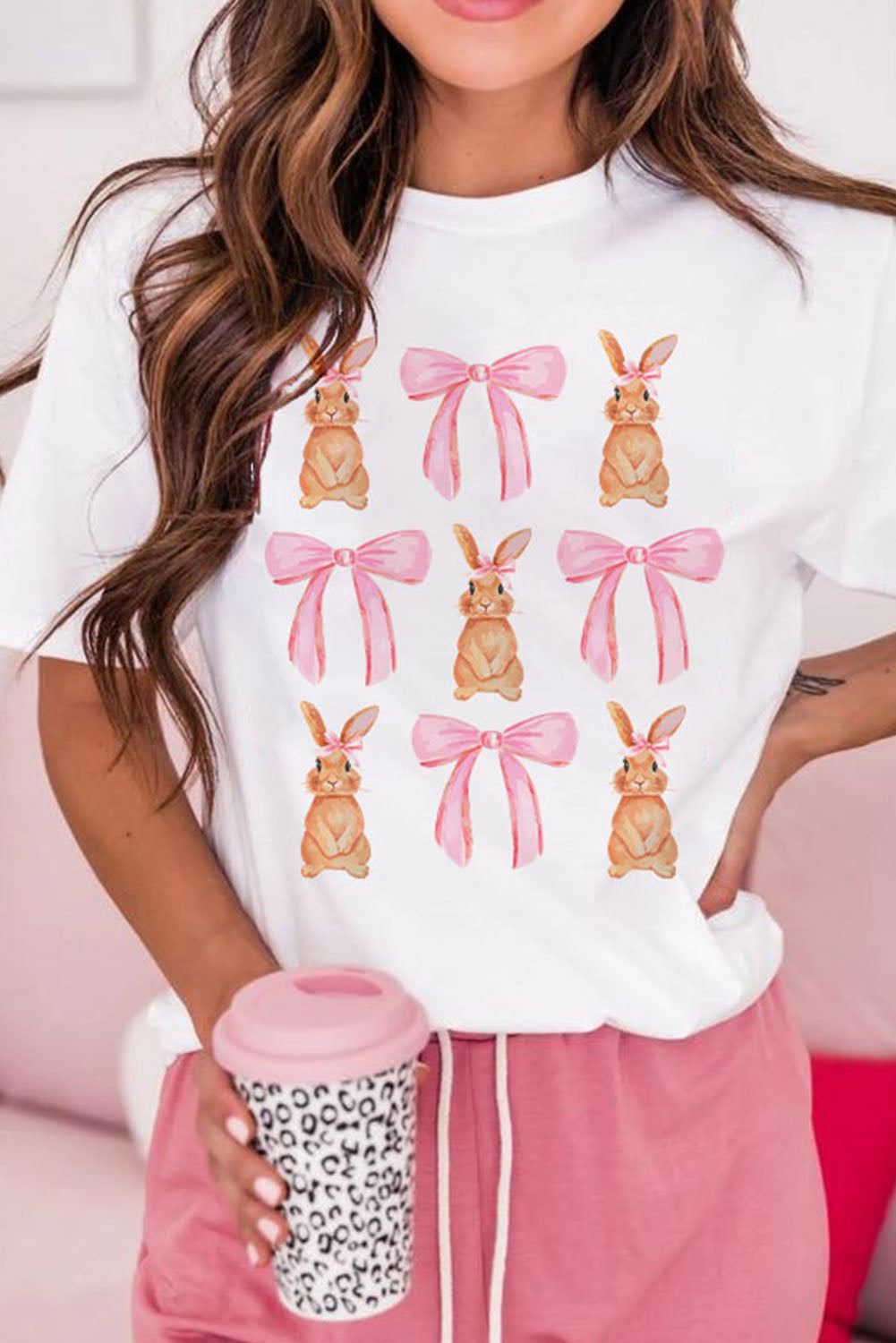White Rabbit Bow Knot Print Crew Neck T Shirt - Aaria Tees Aaria Tees