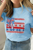 Light Blue Faux Patchwork Printed Coquette American Flag Graphic Tee Aaria Tees