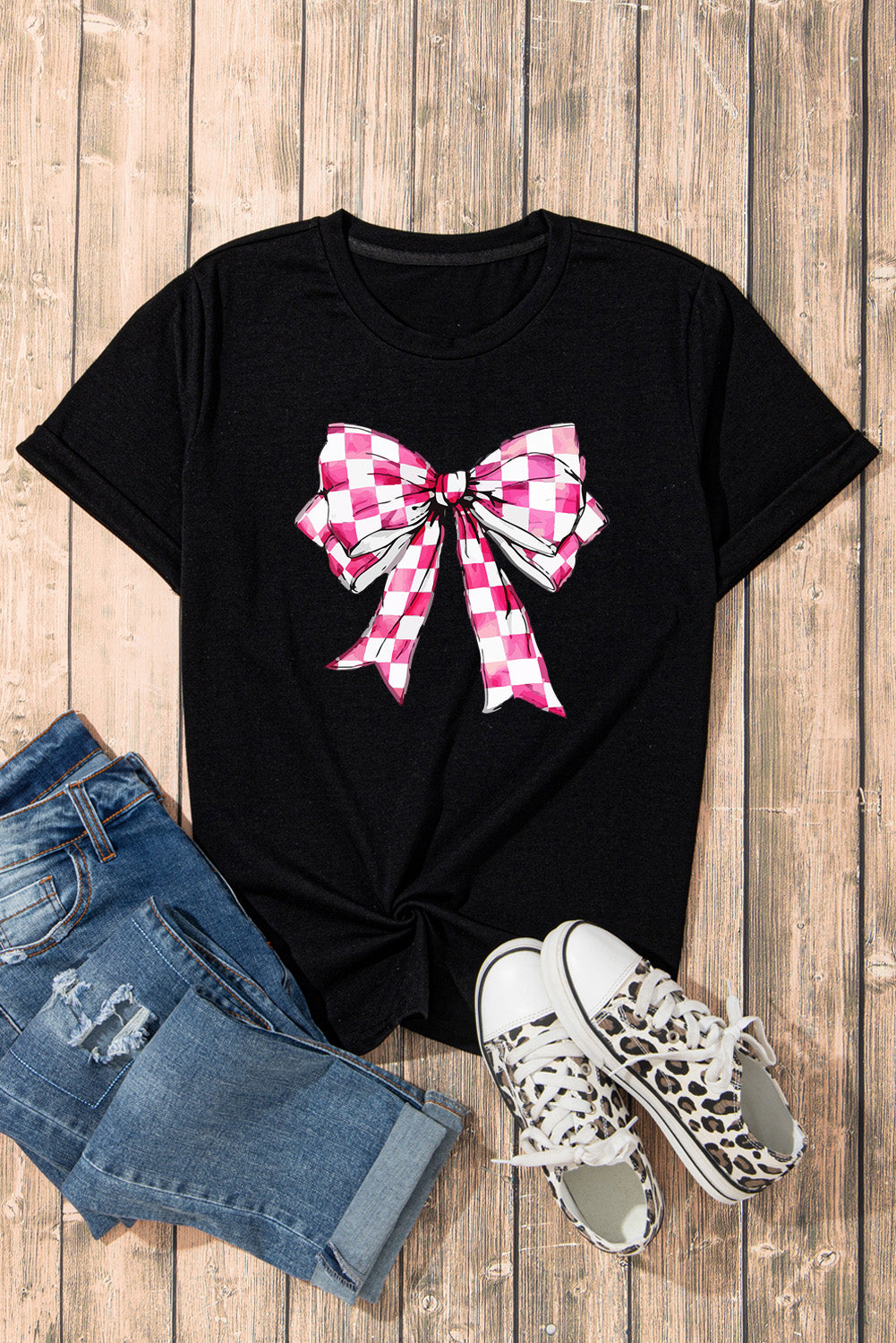 Black Checkerboard Bowknot Graphic Crewneck T Shirt - Aaria Tees Aaria Tees
