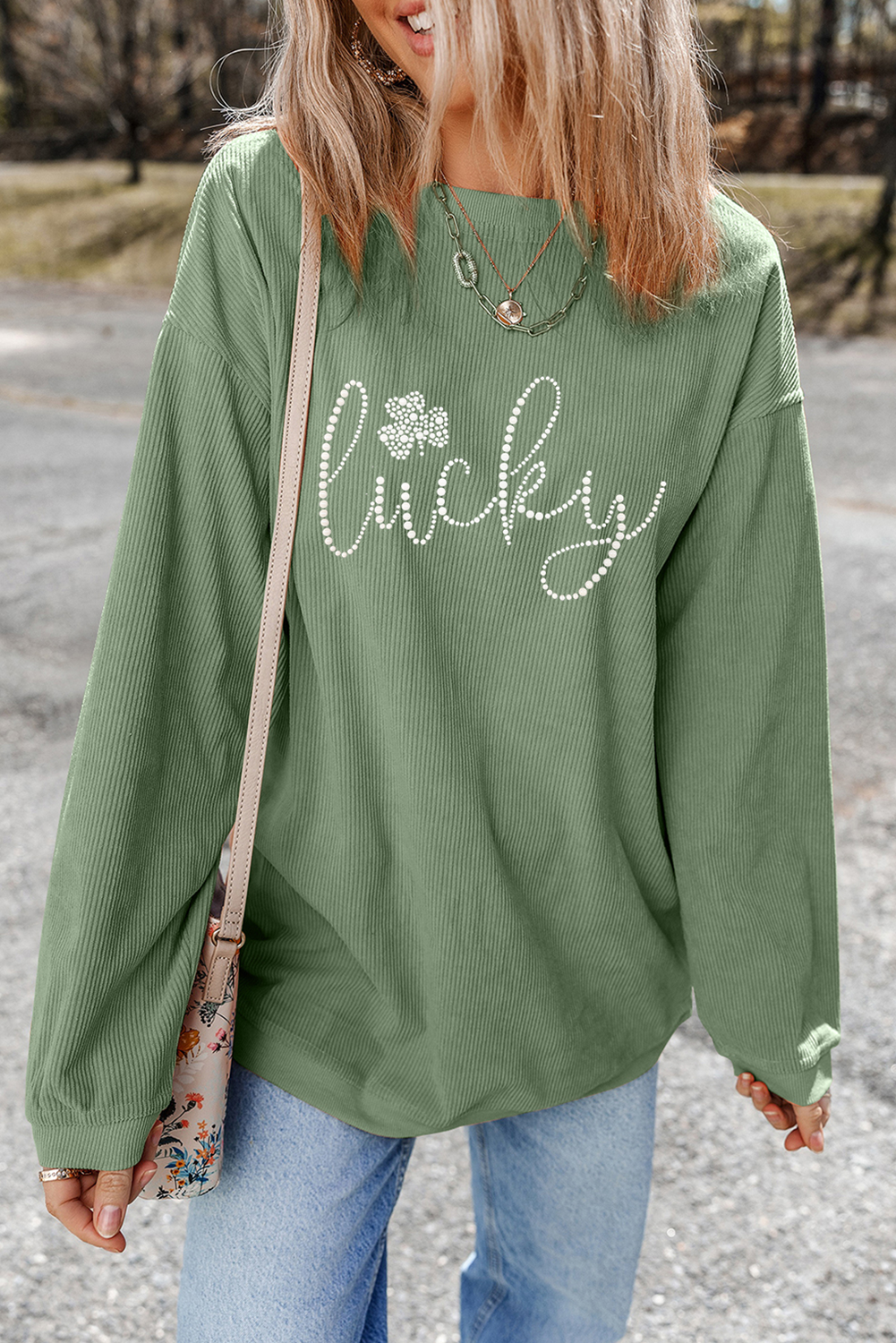 Grass Green Rhinestone lucky Clover Graphic Ribbed St Patrick Sweatshirt - Aaria Tees Aaria Tees