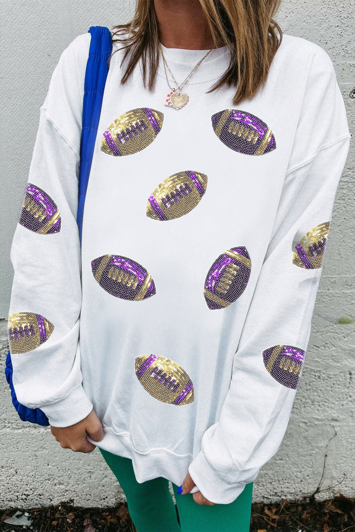 White Game Day Sequin Rugby Pattern Baggy Sweatshirt - Aaria Tees Aaria Tees