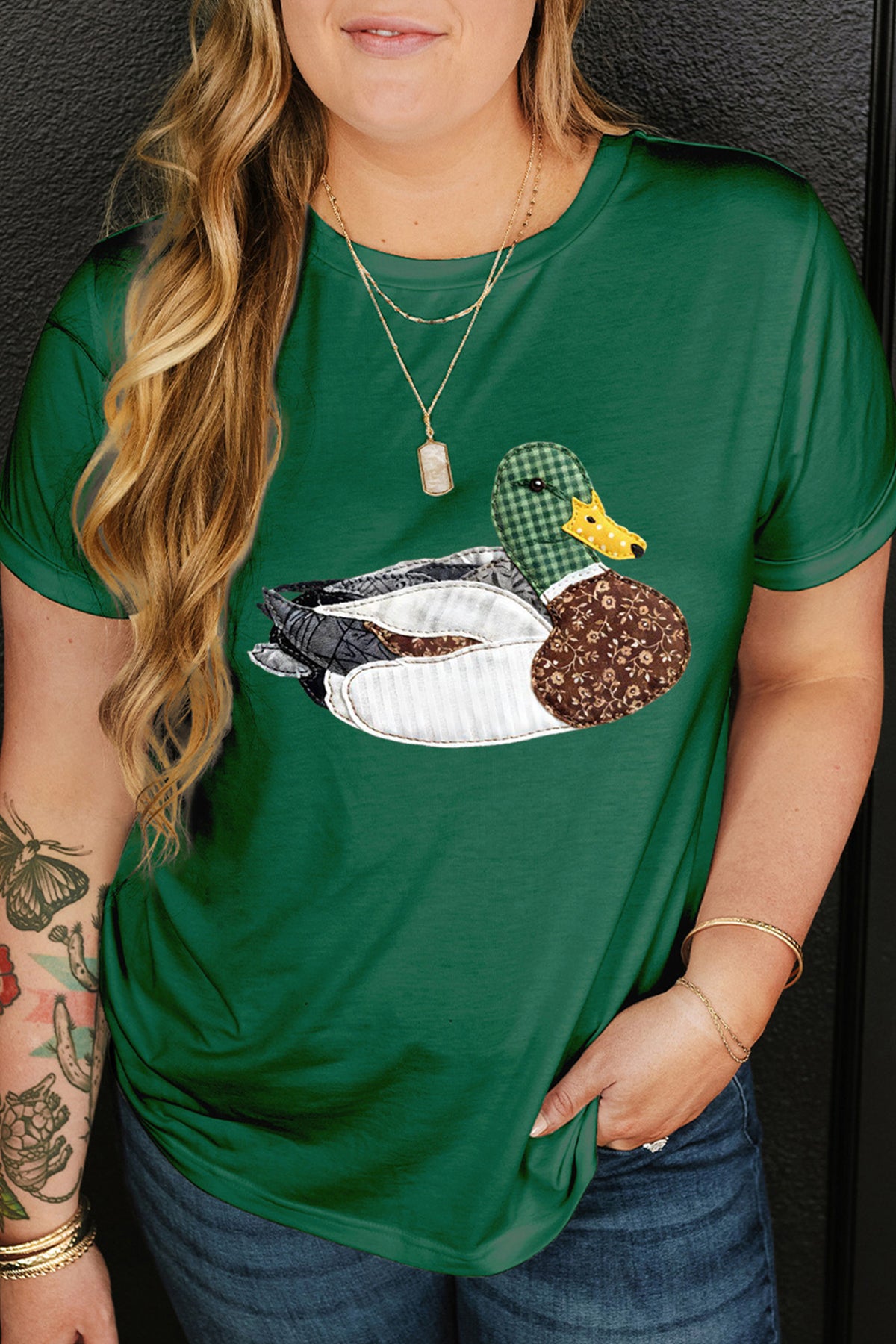 Dark Green Faux Patchwork Mallard Duck Plus Size Graphic Tee - Aaria Tees