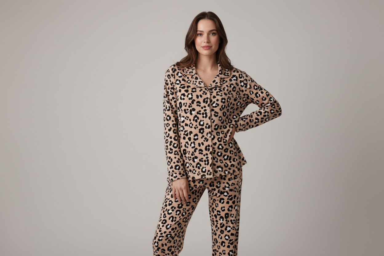 Woman wearing leopard print pajamas on a gray background Aaria Tees