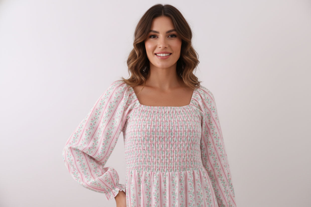 Woman wearing a white dress with floral patterns against a plain background Aaria Tees