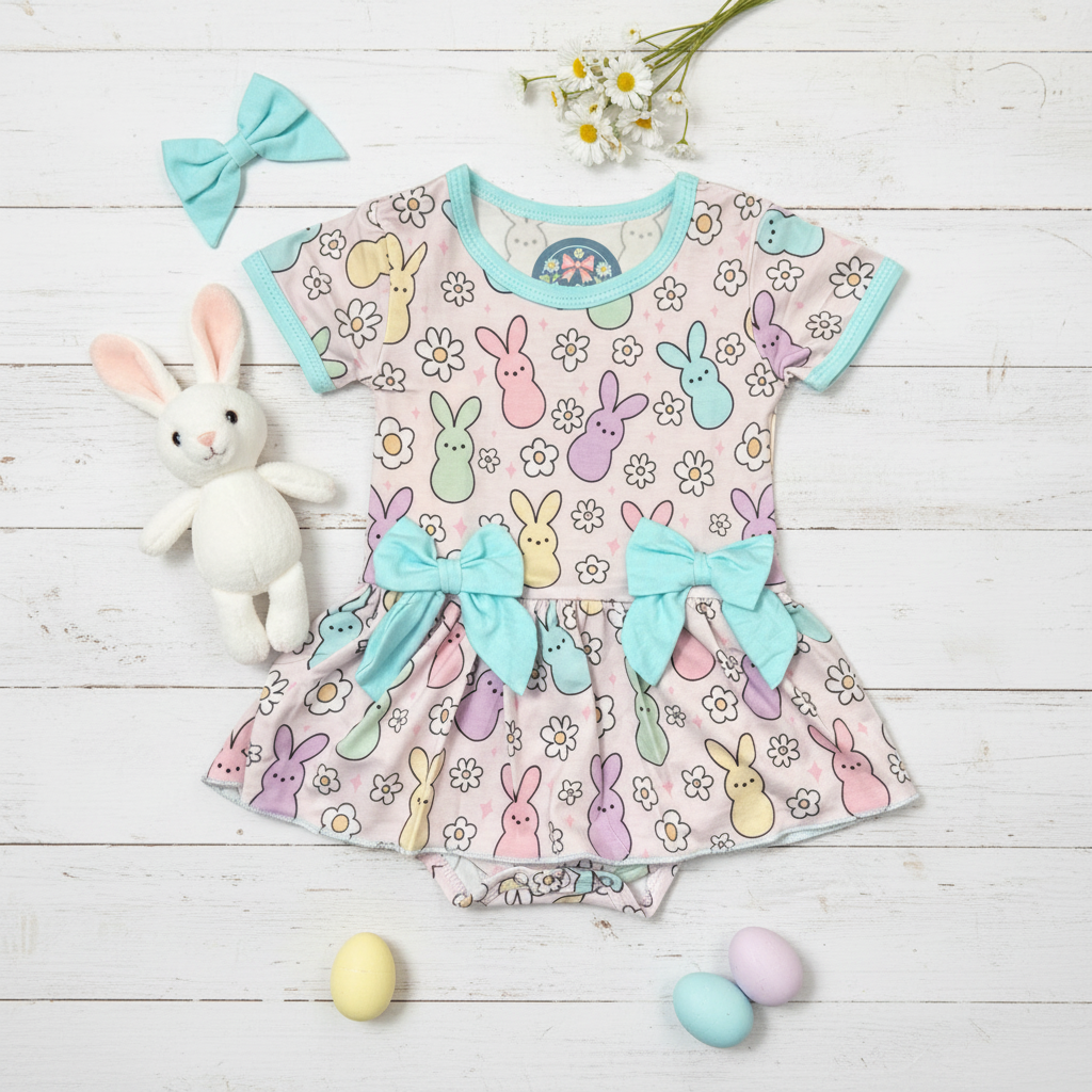 Pastel bamboo bunny romper dress with snap bottom - Aaria Tees