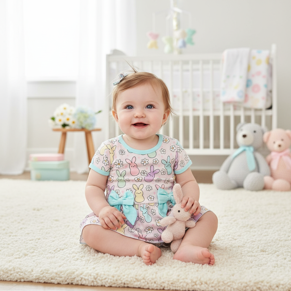 Pastel bamboo bunny romper dress with snap bottom - Aaria Tees Aaria Tees