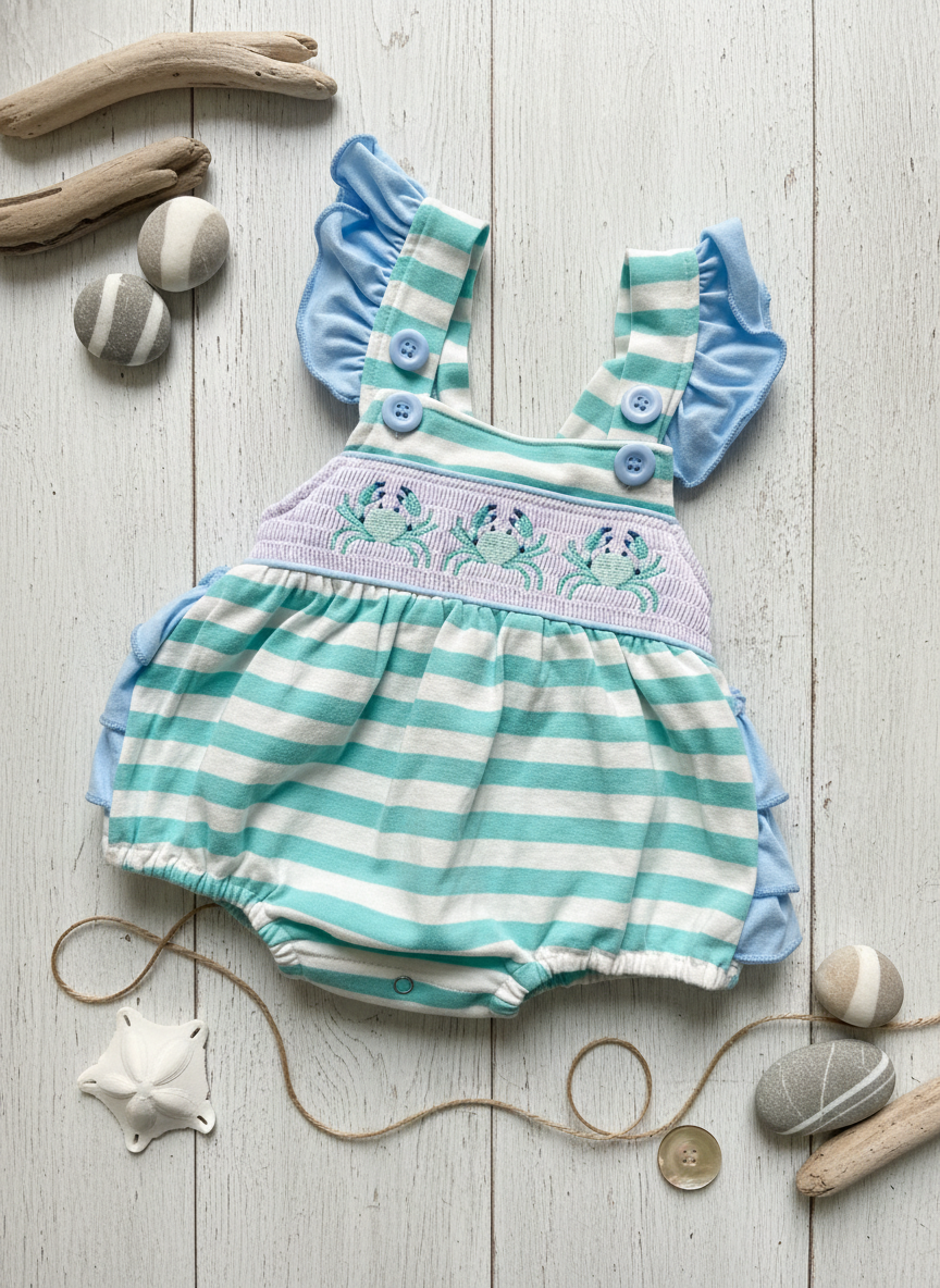 Seaside crab stripe smocked bubble romper with a ruffle back - Aaria Tees