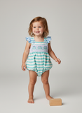 Seaside crab stripe smocked bubble romper with a ruffle back - Aaria Tees Aaria Tees