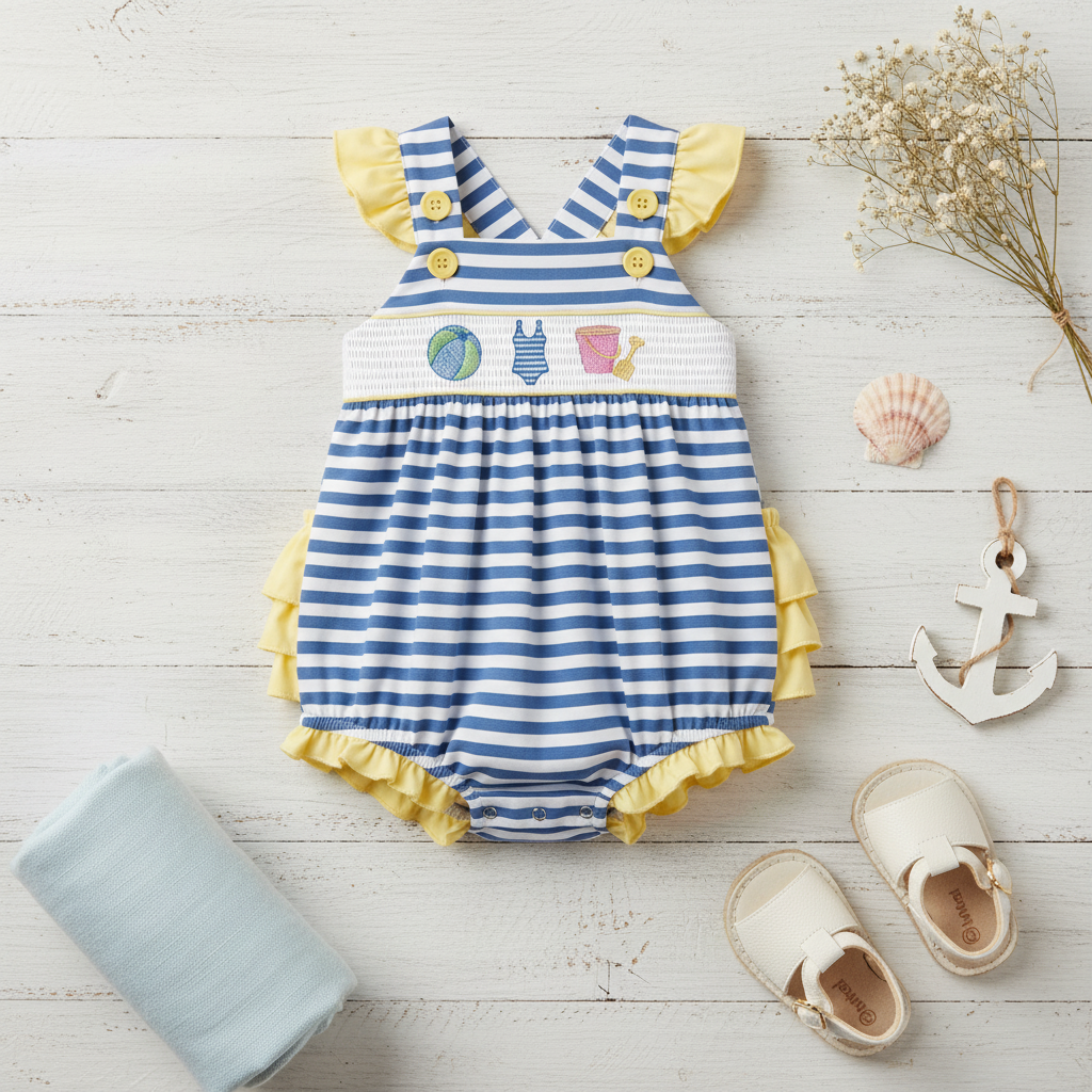 Smocked and embroidered beachball bubble romper - Aaria Tees Aaria Tees