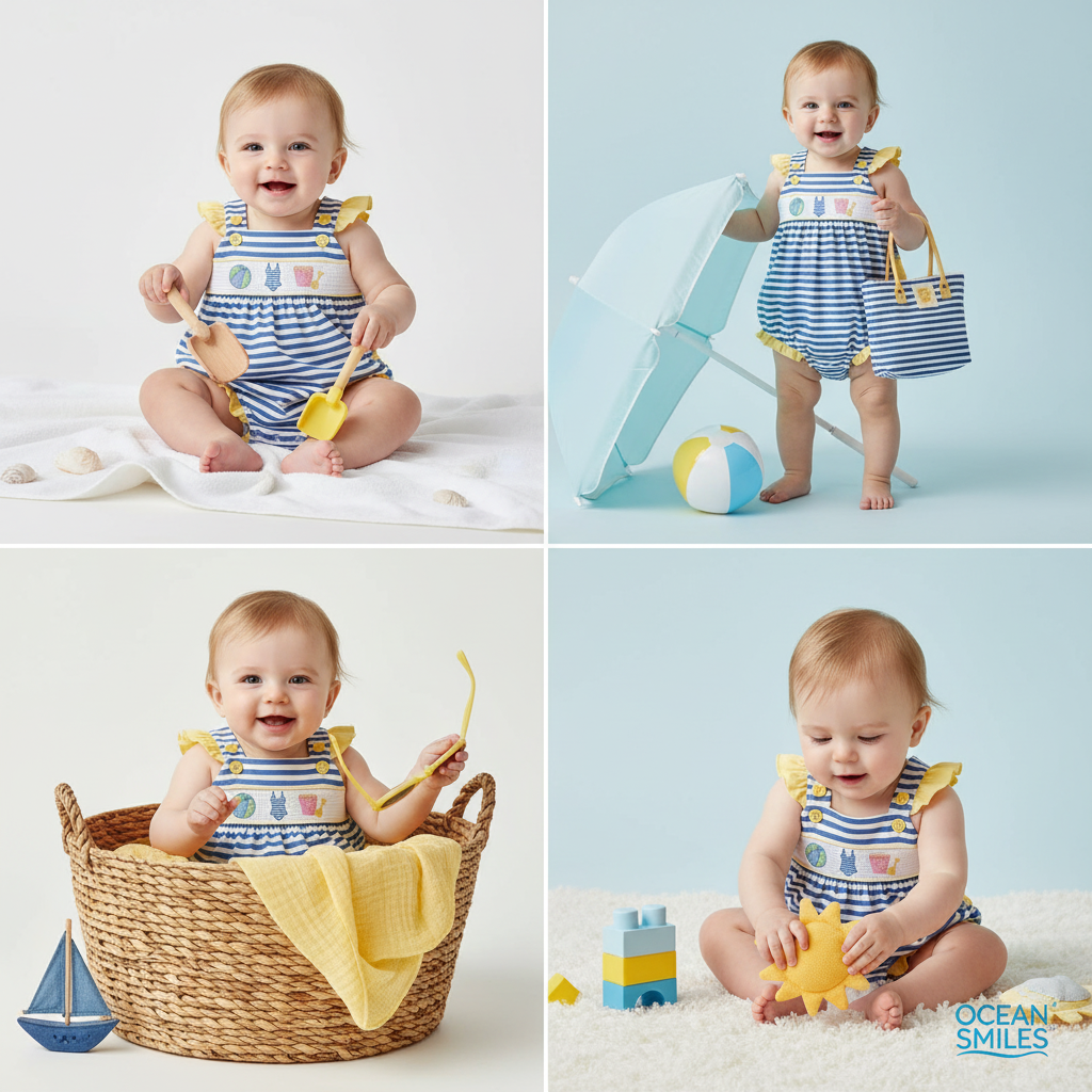 Smocked and embroidered beachball bubble romper - Aaria Tees Aaria Tees