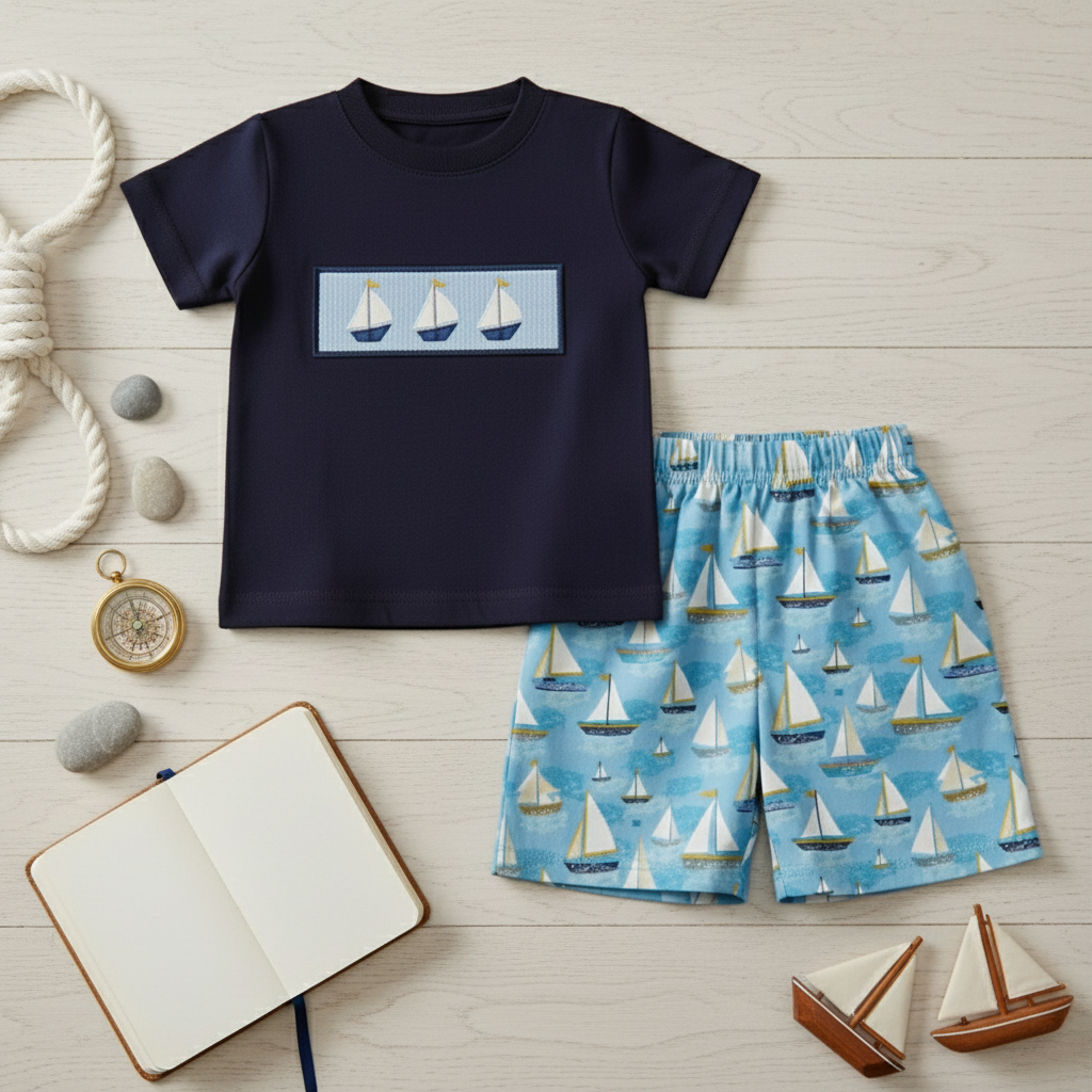 Sailboat Smocked Short set - Aaria Tees