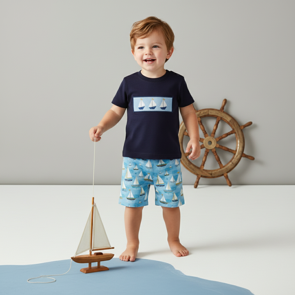 Sailboat Smocked Short set - Aaria Tees Aaria Tees