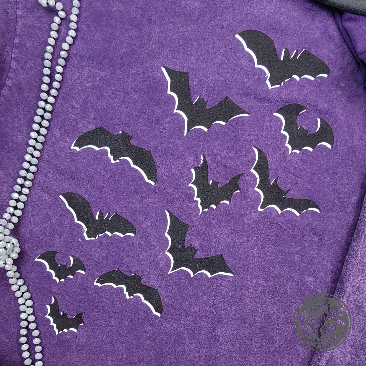 Bats and Dancing Skeletons Front and Back Design Halloween Purple Mineral Wash Short Sleeve Tee - Aaria Tees Aaria Tees