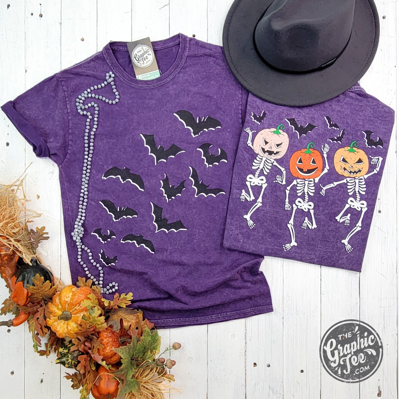 Bats and Dancing Skeletons Front and Back Design Halloween Purple Mineral Wash Short Sleeve Tee - Aaria Tees Aaria Tees
