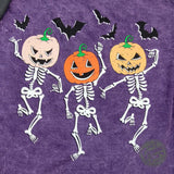 Bats and Dancing Skeletons Front and Back Design Halloween Purple Mineral Wash Short Sleeve Tee - Aaria Tees Aaria Tees