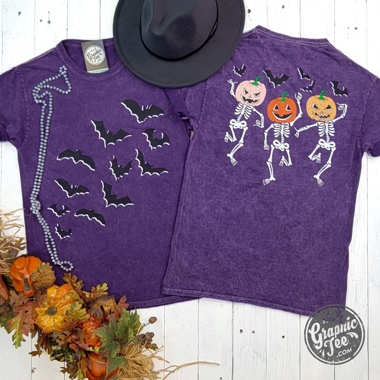Bats and Dancing Skeletons Front and Back Design Halloween Purple Mineral Wash Short Sleeve Tee - Aaria Tees Aaria Tees