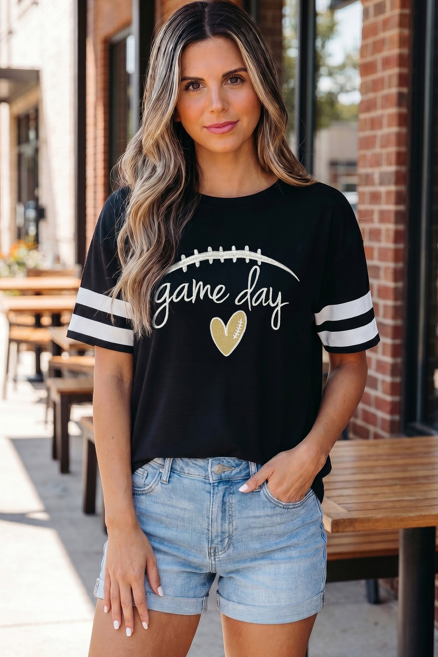 Black Game Day Embroidered Heart Pattern Varsity Casual T Shirt - Aaria Tees Aaria Tees