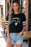 Black Game Day Embroidered Heart Pattern Varsity Casual T Shirt - Aaria Tees Aaria Tees