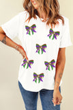 White Sequin Mardi Gras Bow Graphic Crewneck Tee Aaria Tees