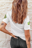 White Sequin Lucky Clover Patched Casual Round Neck Tee Aaria Tees