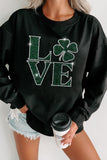 Black Rhinestone LOVE Clover Graphic St Patricks Pullover Sweatshirt Aaria Tees