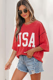 Fiery Red USA Graphic Half Sleeve Loose Ribbed Top Aaria Tees