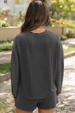 Carbon Grey XOXO Heart Patched Pattern Long Sleeve Corded Shorts Set Aaria Tees