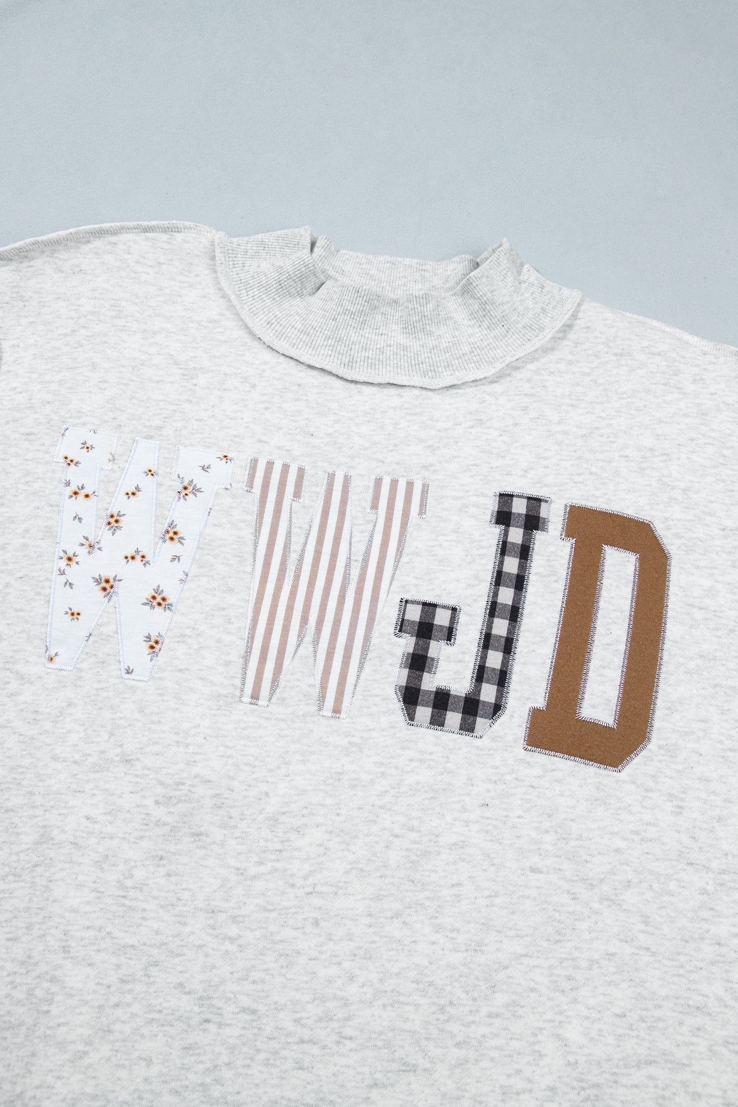 Gray WWJD Mixed Pattern Embroidered Patch Graphic Mock Neck Sweatshirt - Aaria Tees Aaria Tees
