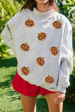 Light Grey Sequined Halloween Pumpkin Graphic Exposed Seam Mock Neck Sweatshirt Aaria Tees