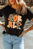 Black GOBBLE Leopard Letter Print Turkey Bow Graphic T Shirt Aaria Tees