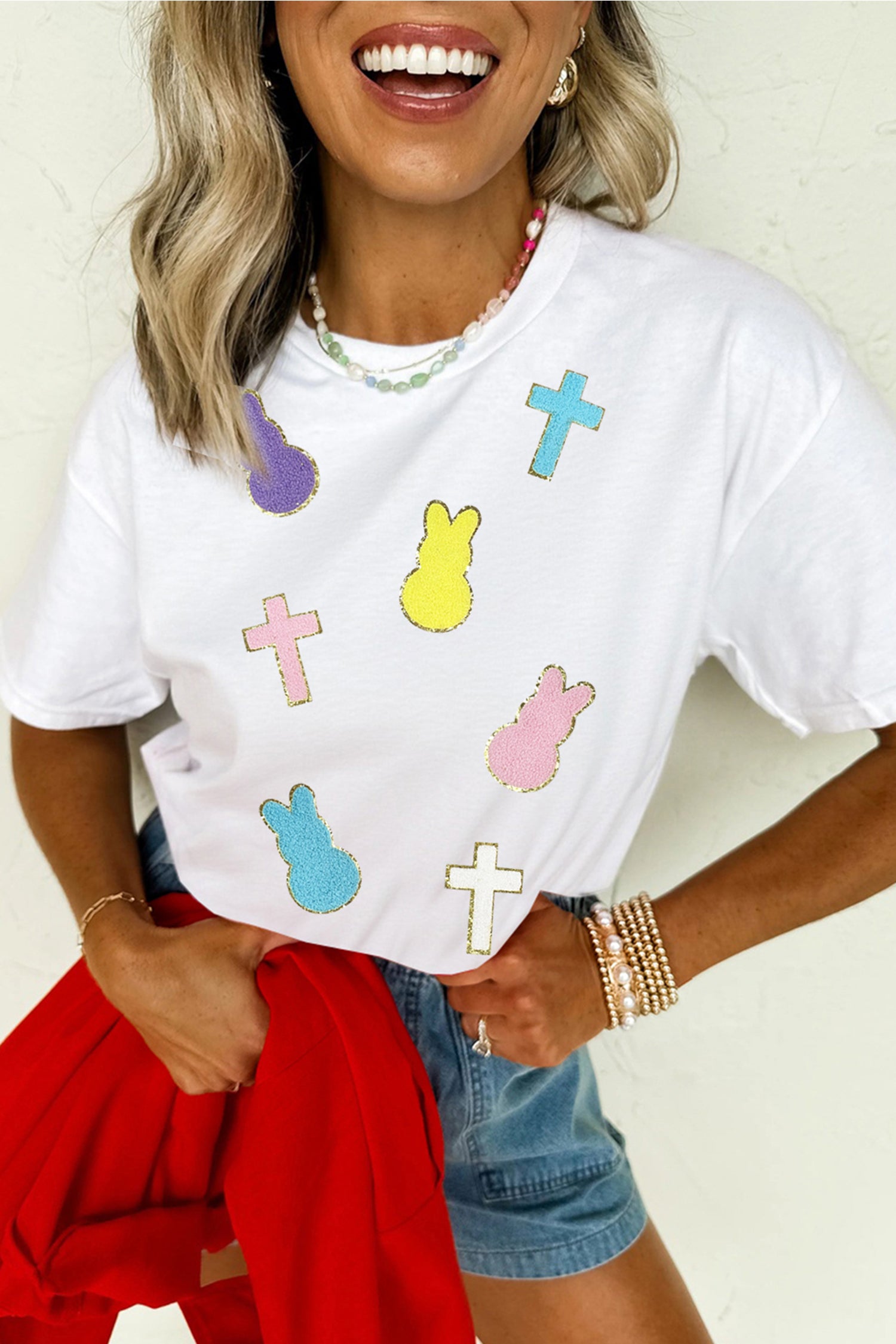 White Chenille Bunny Cross Patch Easter T Shirt - Aaria Tees Aaria Tees