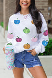 White Colorful Pumpkin Sequin Patched Drop Shoulder Sweatshirt Aaria Tees