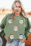 Grass Green Corded Ribbed Sequin Patched Santa Claus Graphic Sweatshirt Aaria Tees