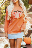 Orange Sequined Pumpkin Ribbed Round Neck Halloween Sweatshirt - Aaria Tees Aaria Tees