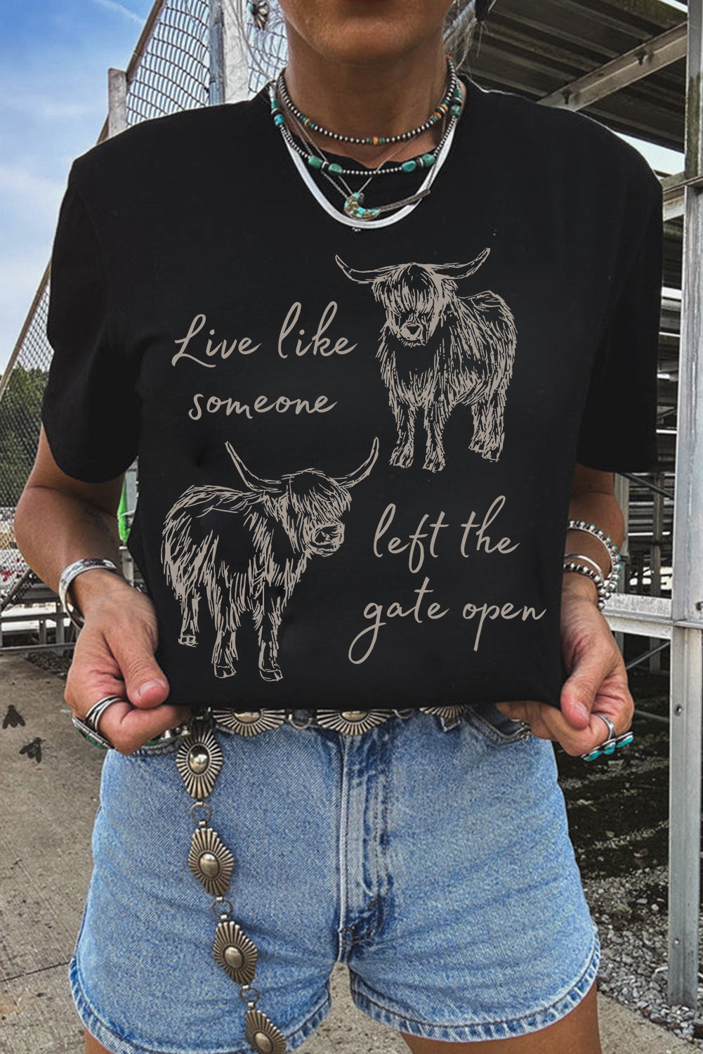 Black Western Cow Print Round Neck Casual Tee - Aaria Tees Aaria Tees