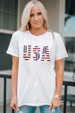 White USA Flag Sequin Patched Round Neck T Shirt Aaria Tees