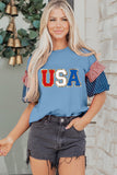Beau Blue USA Chenille Lettering Stars and Stripes Patchwork Sleeve Top Aaria Tees