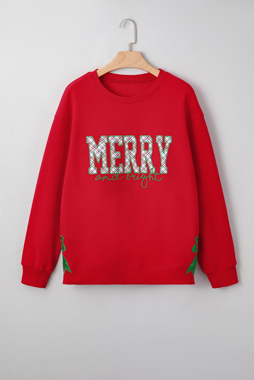 Fiery Red Merry and Bright Plaid Embroidered Letter Graphic Sequin Bow Decor Christmas Sweatshirt - Aaria Tees Aaria Tees
