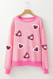 Pink Stripe Sequin Heart Patched Pattern Long Sleeve Valentines Top - Aaria Tees Aaria Tees