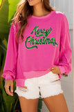 Strawberry Pink Twisted Ribbed Texture Merry Christmas Sequin Letter Graphic Top Aaria Tees