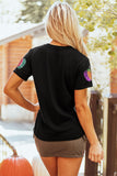 Black Sequined Pumpkin Graphic Round Neck Casual T Shirt - Aaria Tees Aaria Tees