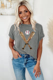 Medium Grey Sequin Baseball Pattern Corded Crewneck T Shirt Aaria Tees
