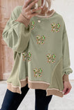 Smoke Green Sequin Bow Patchwork Waffle Colorblock Loose Sweatshirt Aaria Tees