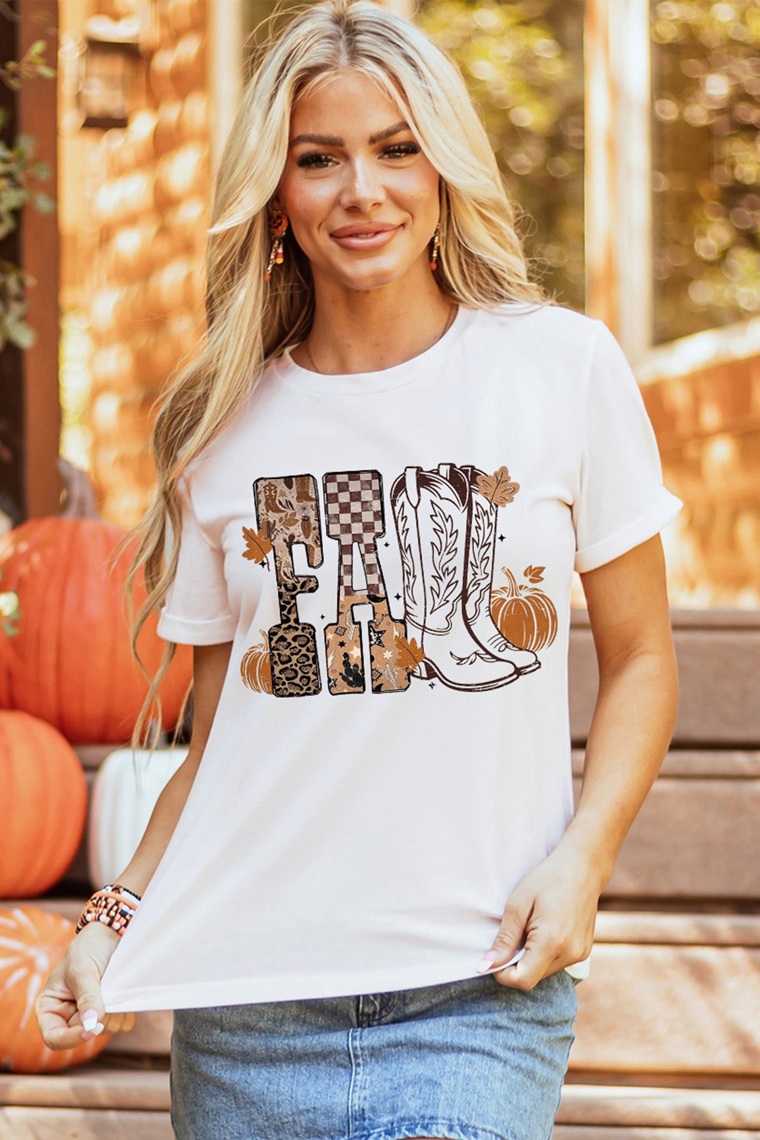 White FALL Letter Print Western Thanksgiving Graphic T-Shirt - Aaria Tees Aaria Tees