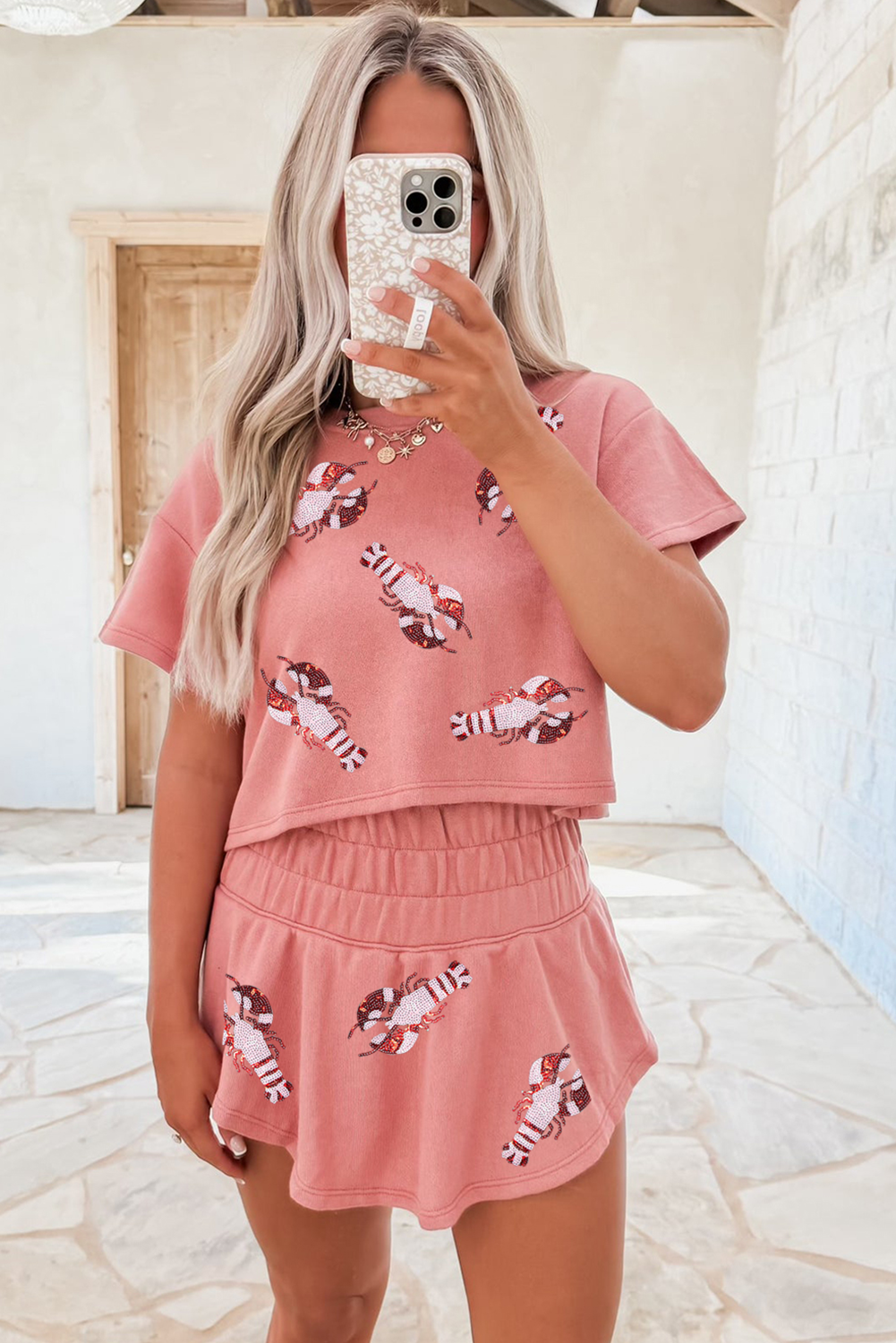 Blossom Sequin Crawfish Graphic Cropped Tee High Waist Skort 2pcs Outfit - Aaria Tees Aaria Tees