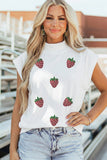 White Sequin Strawberry Graphic Mock Neck Short Sleeve Top Aaria Tees